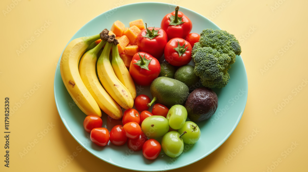 balanced plate of colorful fruits and vegetables balanced plate of colorful fruits and vegetables