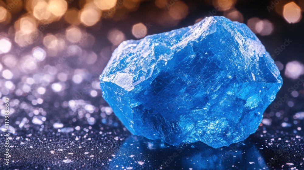 Stunning Blue Crystal Rock on Shimmering Background with Bokeh Stunning Blue Crystal Rock on Shimmering Background with Bokeh
