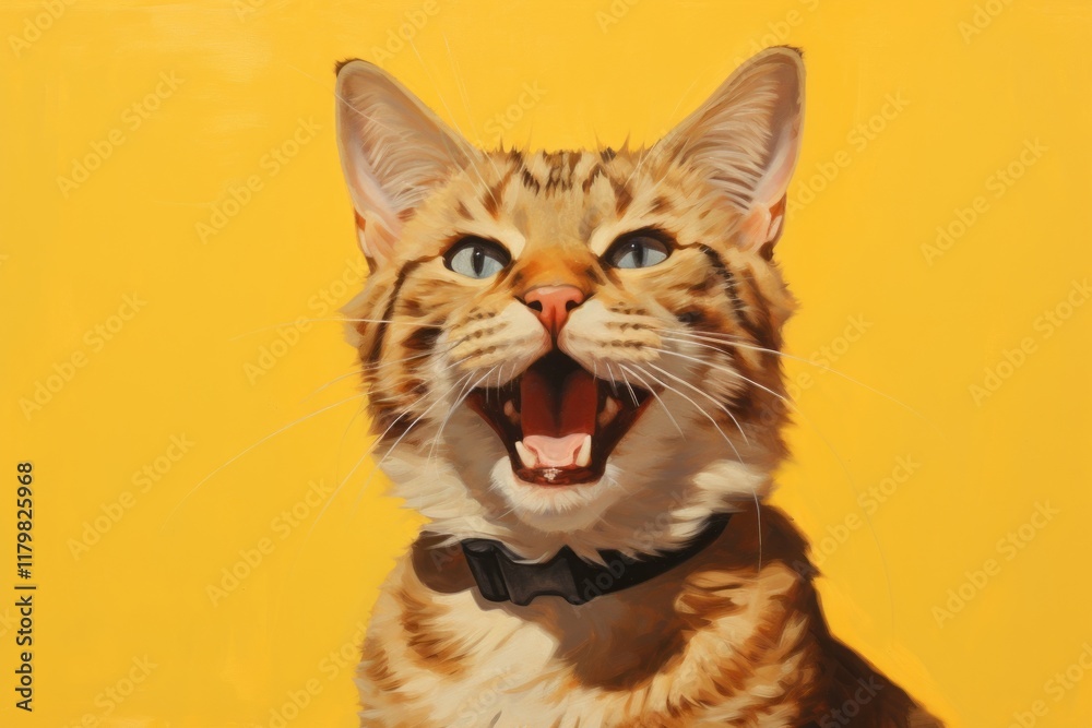 Obraz premium Portrait of a smiling manx cat while standing against soft yellow background