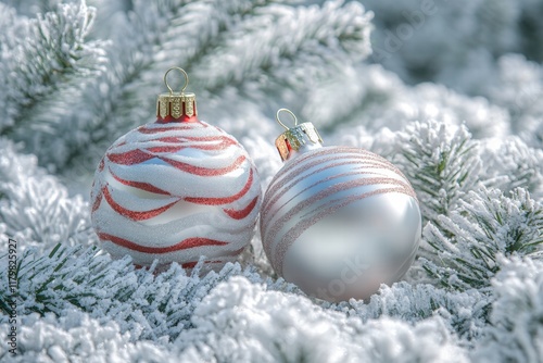 Festive Christmas Ornaments on Snow Covered Evergreen Branches