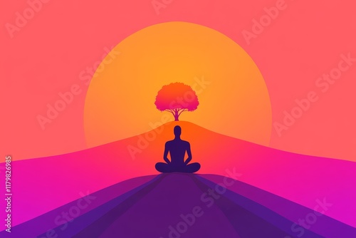 Obraz na płótnie Serene Meditation Scene with Silhouette of a Person Sitting in Front of a Vibrant Sunset Over a Hill with a Tree Symbolizing Peace and Calmness w salonie