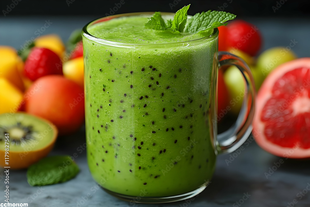 Refreshing Green Fruit Smoothie in Glass Mug with Fresh Kiwi, Grapefruit and Berries Refreshing Green Fruit Smoothie in Glass Mug with Fresh Kiwi, Grapefruit and Berries