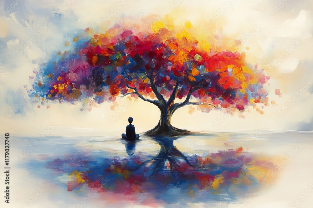 Serene Meditation Under Colorful Tree: A Vibrant Abstract Art Piece Representing Inner Peace, Self-Reflection, and Connection with Nature in Harmony