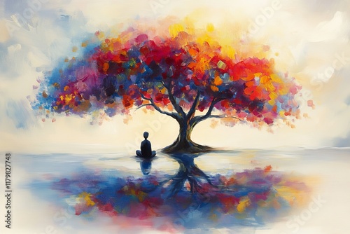 Serene Meditation Under Colorful Tree: A Vibrant Abstract Art Piece Representing Inner Peace, Self-Reflection, and Connection with Nature in Harmony