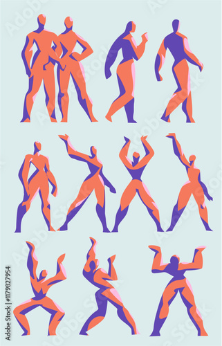 set of male figures in various poses and movements, silhouette figure stick