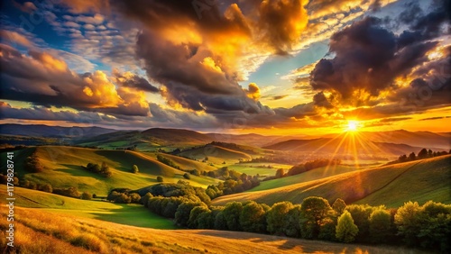 Majestic Burnum Landscape: Serene Sunset Over Rolling Hills photo