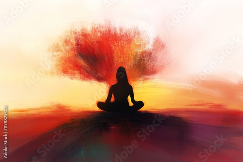 Serene Silhouette of a Meditating Figure Against a Colorful Abstract Sunset with Vibrant Orange and Red Tones for Mindfulness and Relaxation Themes