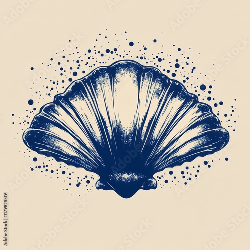 Blue clam shell illustration with grunge texture. photo