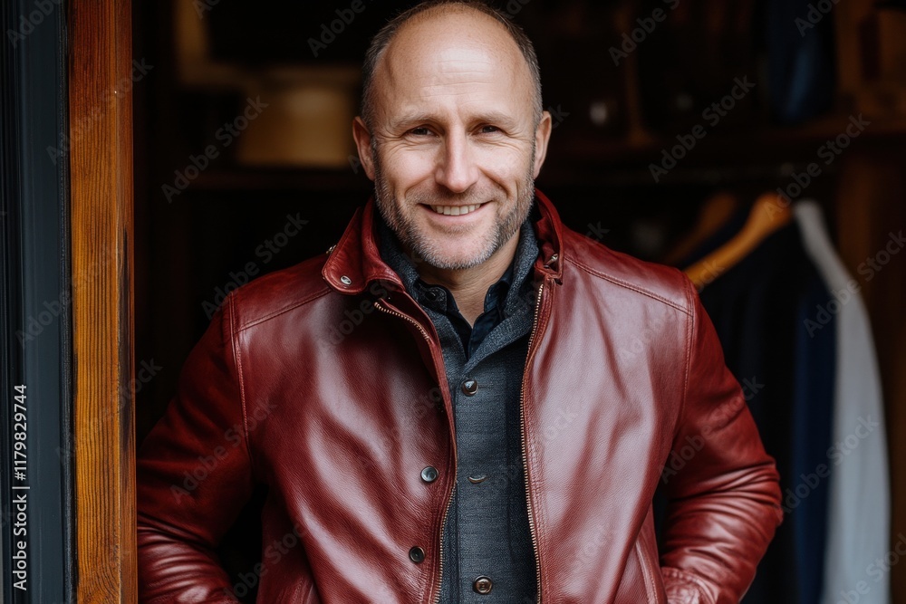 Stylish Man in Red Leather Jacket Smiling at Camera Outdoors