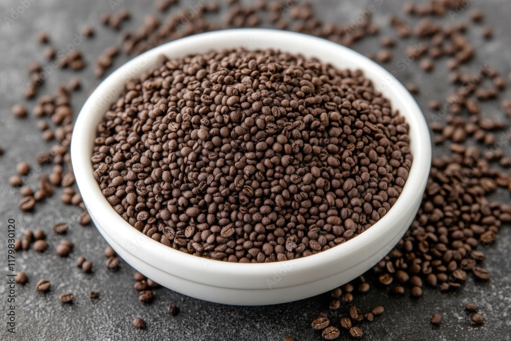 Black seeds in white bowl surrounded by scattered seeds on surface