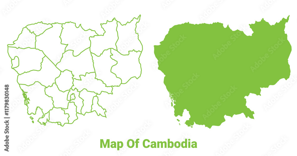 Fototapeta premium Green Cambodia map outline and flat vector illustration