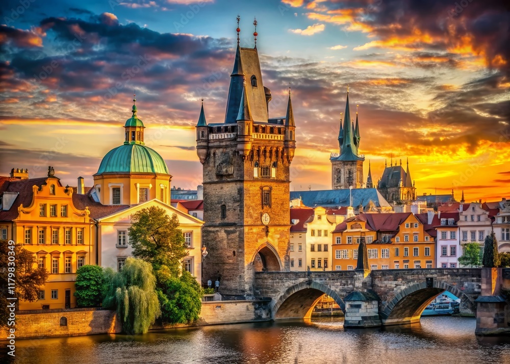 Fototapeta premium Majestic Charles Bridge Tower, Prague Old Town - Scenic View with Copy Space