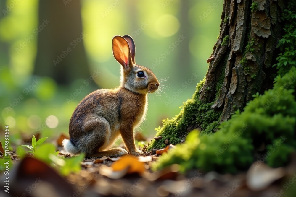 Fototapeta premium Brown rabbit in forest with fur blending into tree bark, woodland, nature, animal