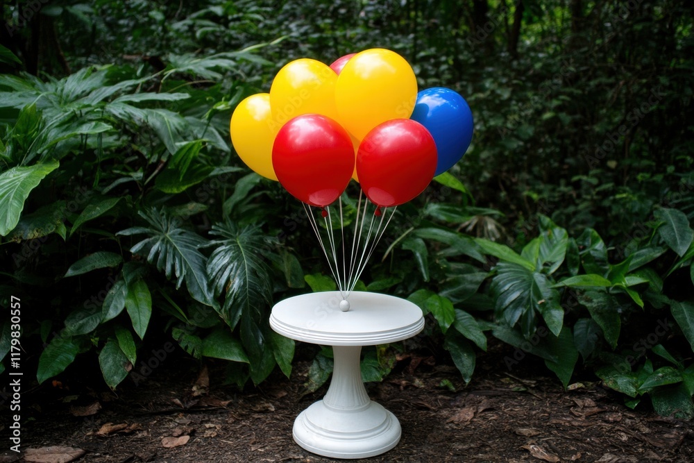 Fototapeta premium Colorful Balloons on a White Stand Surrounded by Lush Greenery
