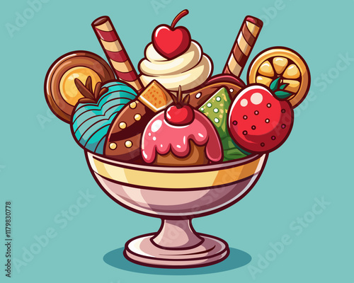 Ice Cream Sundae in a Glass Bowl with Chocolate Scoops and Vanilla Toppings – Delicious Dessert Illustration