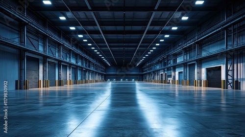 An empty, dark warehouse illuminated by minimal lighting, creating a mysterious atmosphere with industrial design elements and a sense of quiet abandonment.
