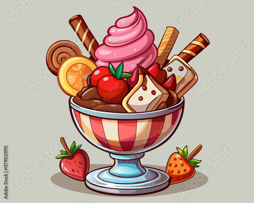 Ice Cream Sundae in a Glass Bowl with Chocolate Scoops and Vanilla Toppings – Delicious Dessert Illustration