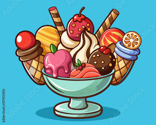 Ice Cream Sundae in a Glass Bowl with Chocolate Scoops and Vanilla Toppings – Delicious Dessert Illustration