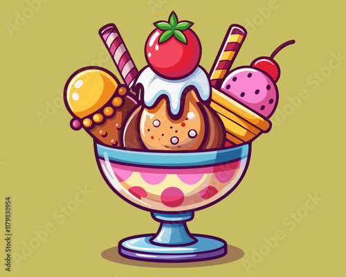Ice Cream Sundae in a Glass Bowl with Chocolate Scoops and Vanilla Toppings – Delicious Dessert Illustration