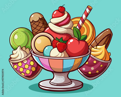 Ice Cream Sundae in a Glass Bowl with Chocolate Scoops and Vanilla Toppings – Delicious Dessert Illustration