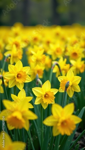 Dense carpet of daffodils, swaying gently in breeze, blossom, natural, meadow