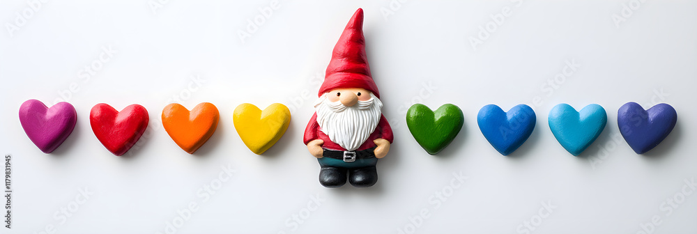 Obraz premium Cute gnome with colorful hearts arranged in cheerful display