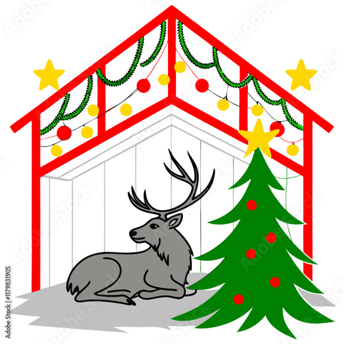 Merry Xmas vector illustration shows Santa Claus on a sledge near a decorated Christmas tree during the snowy winter holiday season