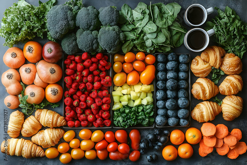 Vibrant and Nutritious Breakfast Spread: Colorful Fruits, Vegetables, and Pastries Arranged in a Flat Lay photo