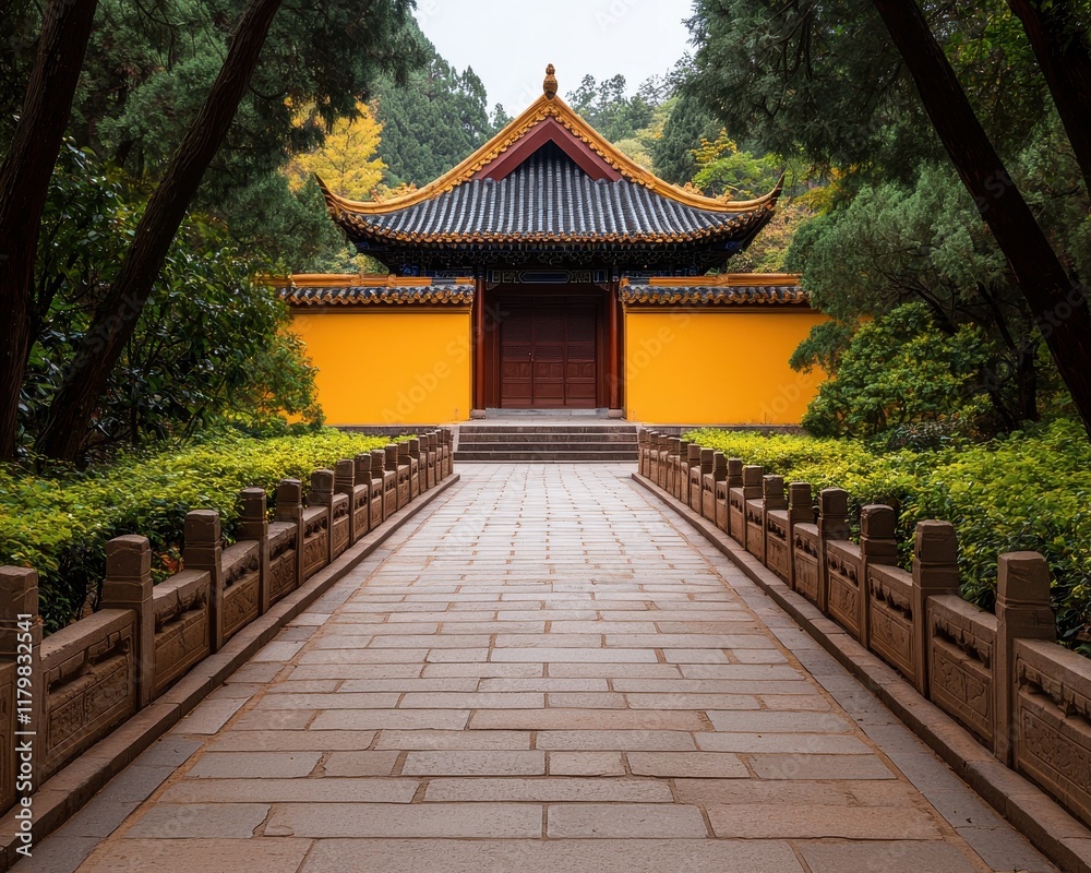 Traditional Stone Pathway Leading to Serene Chinese Structure Traditional Stone Pathway Leading to Serene Chinese Structure