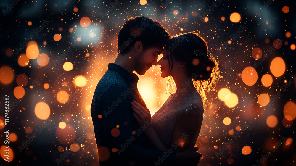couple dancing in rain, illuminated by soft lights, creating romantic atmosphere couple dancing in rain, illuminated by soft lights, creating romantic atmosphere