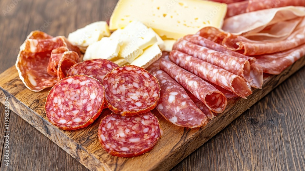 Assorted Meats and Cheese on Wooden Board Assorted Meats and Cheese on Wooden Board