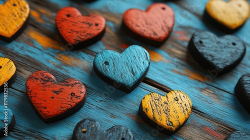 Colorful Wooden Hearts on a Bright Blue Rustic Background