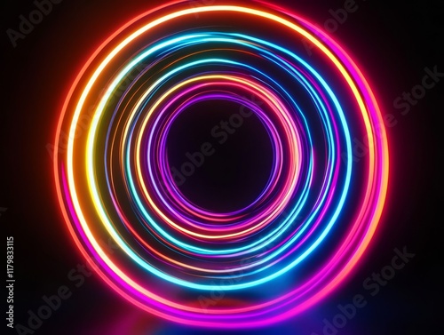 Vibrant concentric neon rings pulsate and glow brilliantly against the dark backdrop, creating a mesmerizing, hypnotic, and energetic circular light display that captivates the viewers attention