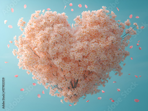 heart shaped arrangement of cherry blossoms with falling petals creates romantic atmosphere