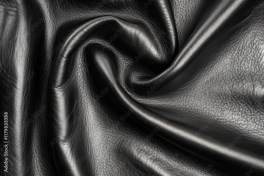 Obraz premium Smooth and Glossy Black Leather Texture with Intricate Wrinkles and Fold Patterns, Ideal for Fashion, Upholstery, and Design Projects