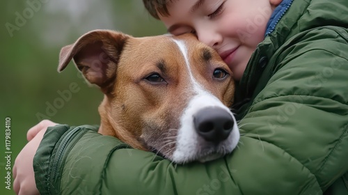 Child embracing therapy dog garden emotional support natural setting close-up mental health and wellness connection photo