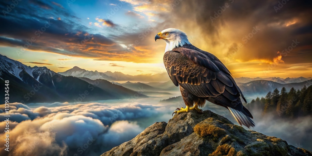 Fototapeta premium Majestic Eagle Perched on Rock, Wildlife Photography, Bird of Prey, Nature Scene, Soaring Eagle
