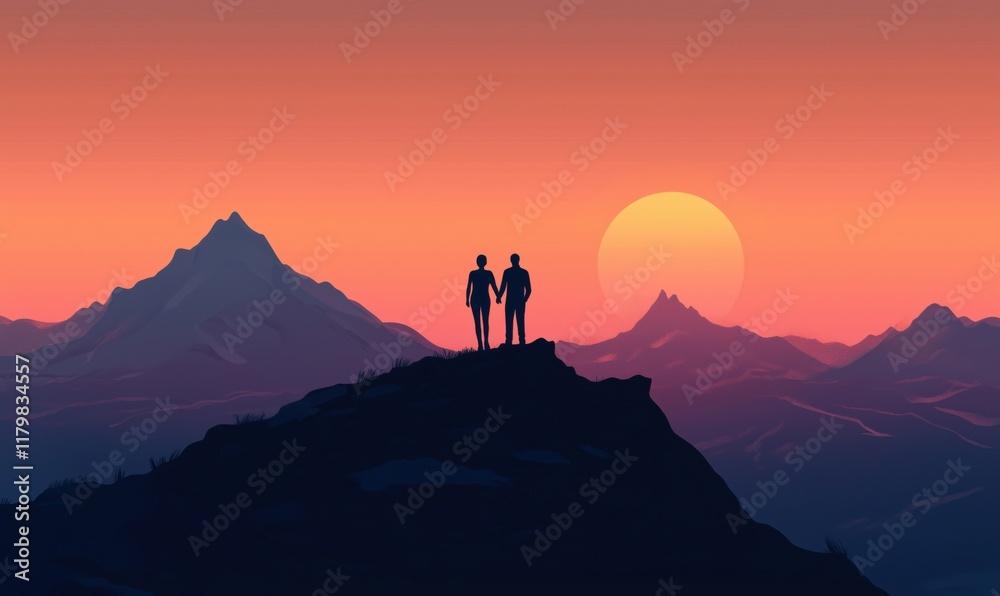 Silhouette of Couple Holding Hands on Mountain Peak at Sunset with Vibrant Sky and Majestic Mountains Silhouette of Couple Holding Hands on Mountain Peak at Sunset with Vibrant Sky and Majestic Mountains