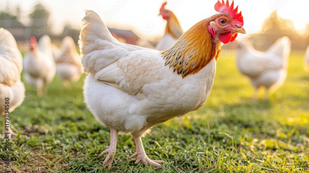 Fototapeta premium Chickens Grazing on Lush Green Pasture in Sunlight