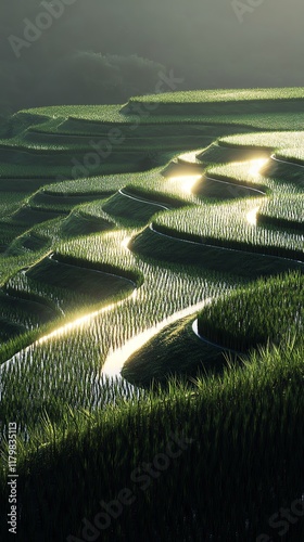 A breathtaking view of terraced rice fields shining under soft sunlight.
