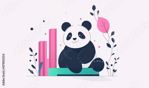 Cute cartoon panda sitting on a green platform surrounded by colorful geometric shapes and plants, featuring pink and blue accents