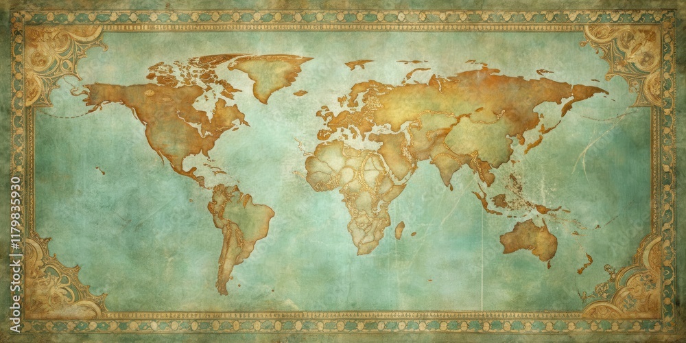 Obraz premium An Antique World Map with Ornate Border, Displaying Continents and Oceans in Aged Hues, Ideal for Historical or Travel Themes