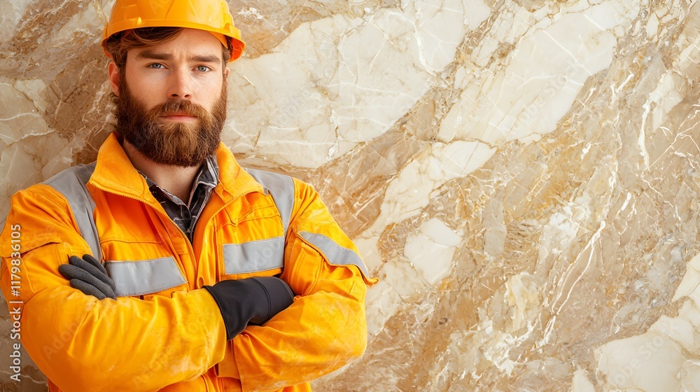 Obraz premium A man in a yellow jacket and safety helmet
