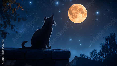 A majestic black cat sitting on a stone wall under a full moon, its sleek silhouette outlined against a starry night sky, evoking mystery and elegance  photo