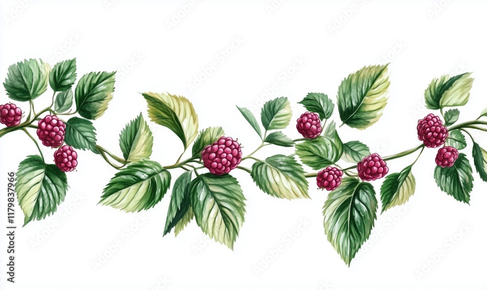 Raspberry Plant Illustration with Lush Green Leaves and Ripe Red Berries, Botanical Art Raspberry Plant Illustration with Lush Green Leaves and Ripe Red Berries, Botanical Art