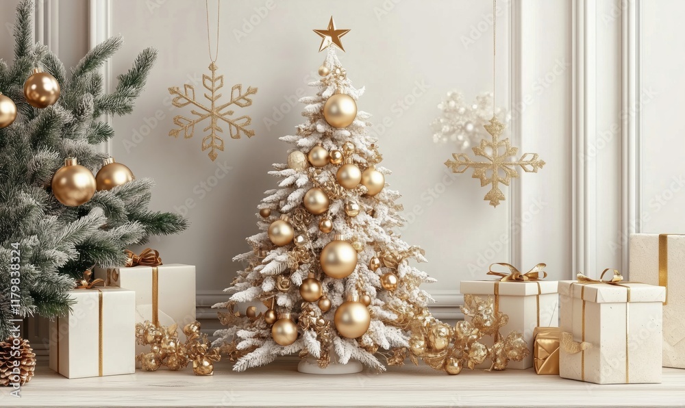 Elegant Christmas tree adorned with golden ornaments, surrounded by beautifully wrapped gifts and festive decorations, creating a warm holiday atmosphere Elegant Christmas tree adorned with golden ornaments, surrounded by beautifully wrapped gifts and festive decorations, creating a warm holiday atmosphere