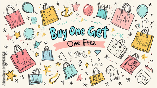 Playful promotional illustration with shopping bags and special offer text on light background copy space Buy one get one free photo