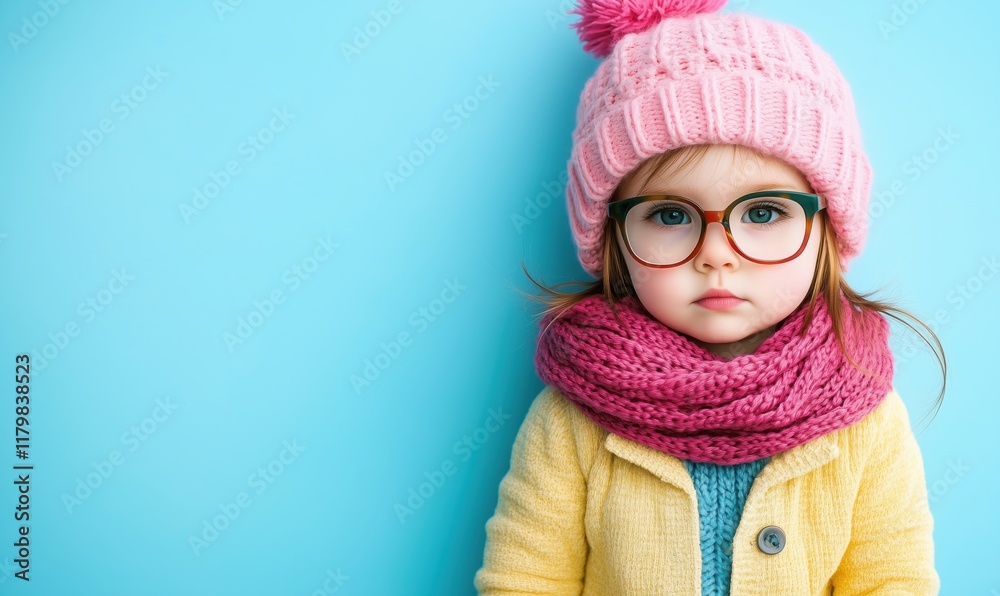 Adorable girl wearing pink knitted hat, glasses, and cozy scarf against blue background, showcasing winter fashion for children Adorable girl wearing pink knitted hat, glasses, and cozy scarf against blue background, showcasing winter fashion for children