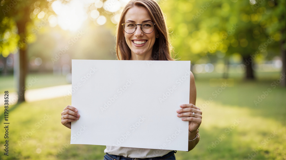 Smiling caucasian female holding blank sign outdoors in a sunny park Smiling caucasian female holding blank sign outdoors in a sunny park