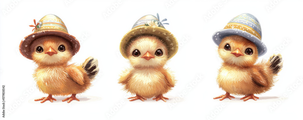 Fototapeta premium Adorable chicks wearing colorful hats, showcasing unique designs and cheerful expressions